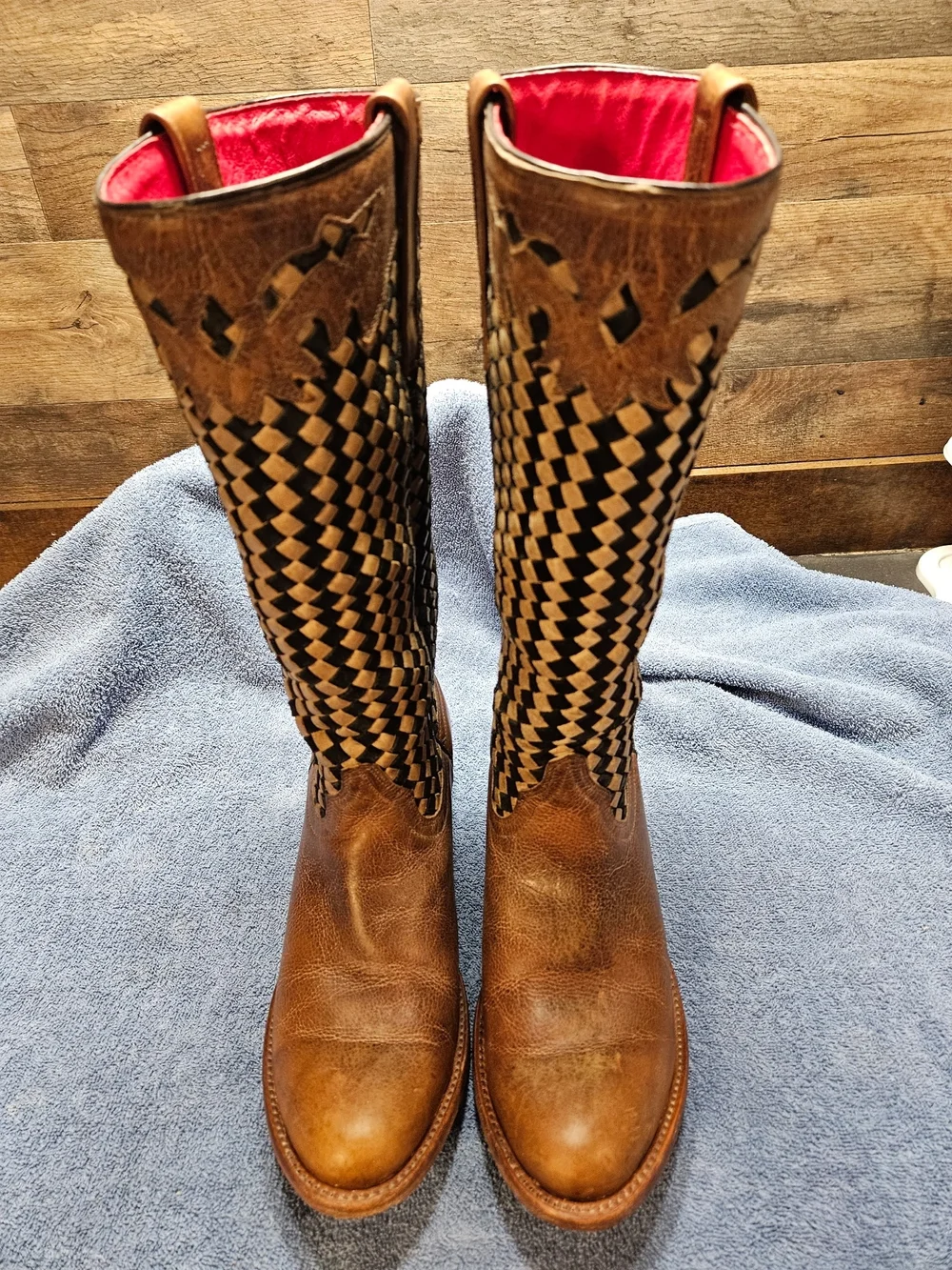 Women's Brown Weave Tall Leather Boots - Macie Bean Sz 8.5